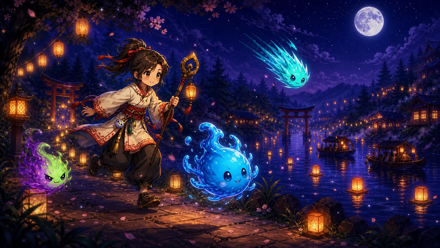 A traveller moving beside glowing spirits and floating lanterns